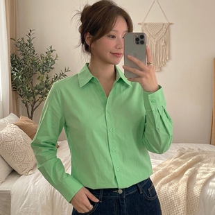 翻领高级感显瘦上衣 女长袖 法式 温柔风绿色真丝衬衫