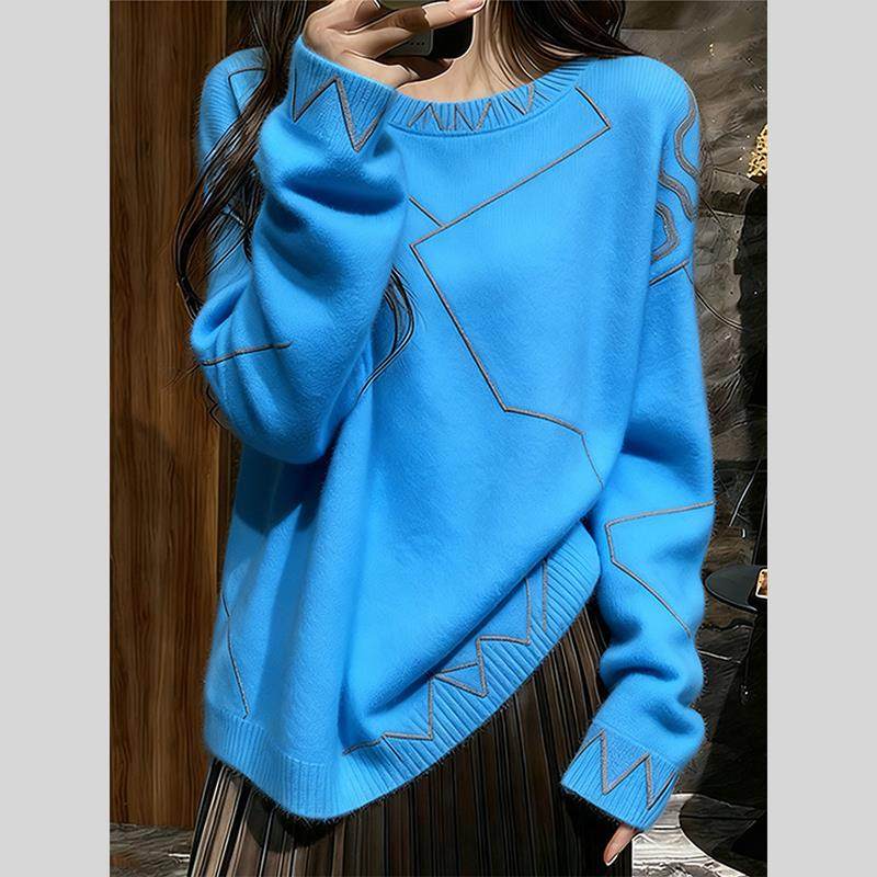 2025新款韩系新中式几何图案蓝色毛衣女慵懒宽松大码针织上衣,女装/女士精品,大码内搭,淘宝优惠券,粉丝福利购,淘宝优惠卷