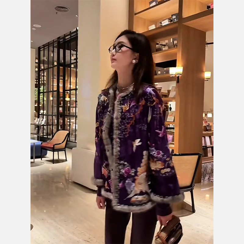新中式唐装中国风女装紫色盘扣刺绣加绒加厚棉服外套2025新款冬季