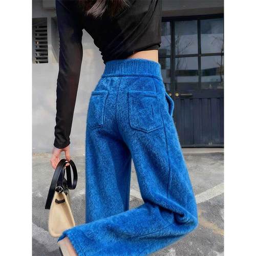 法式慵懒风蓝色高腰阔腿裤