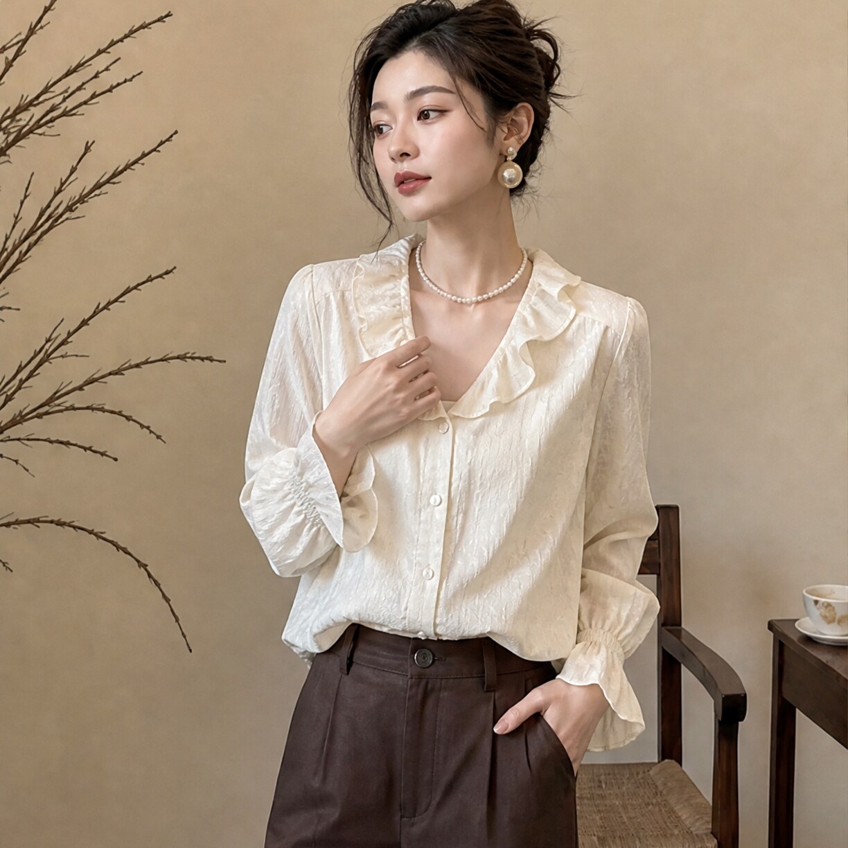 法式甜美风荷叶边V领长袖衬衫女白色绑带绝美上衣纽扣韩版百搭
