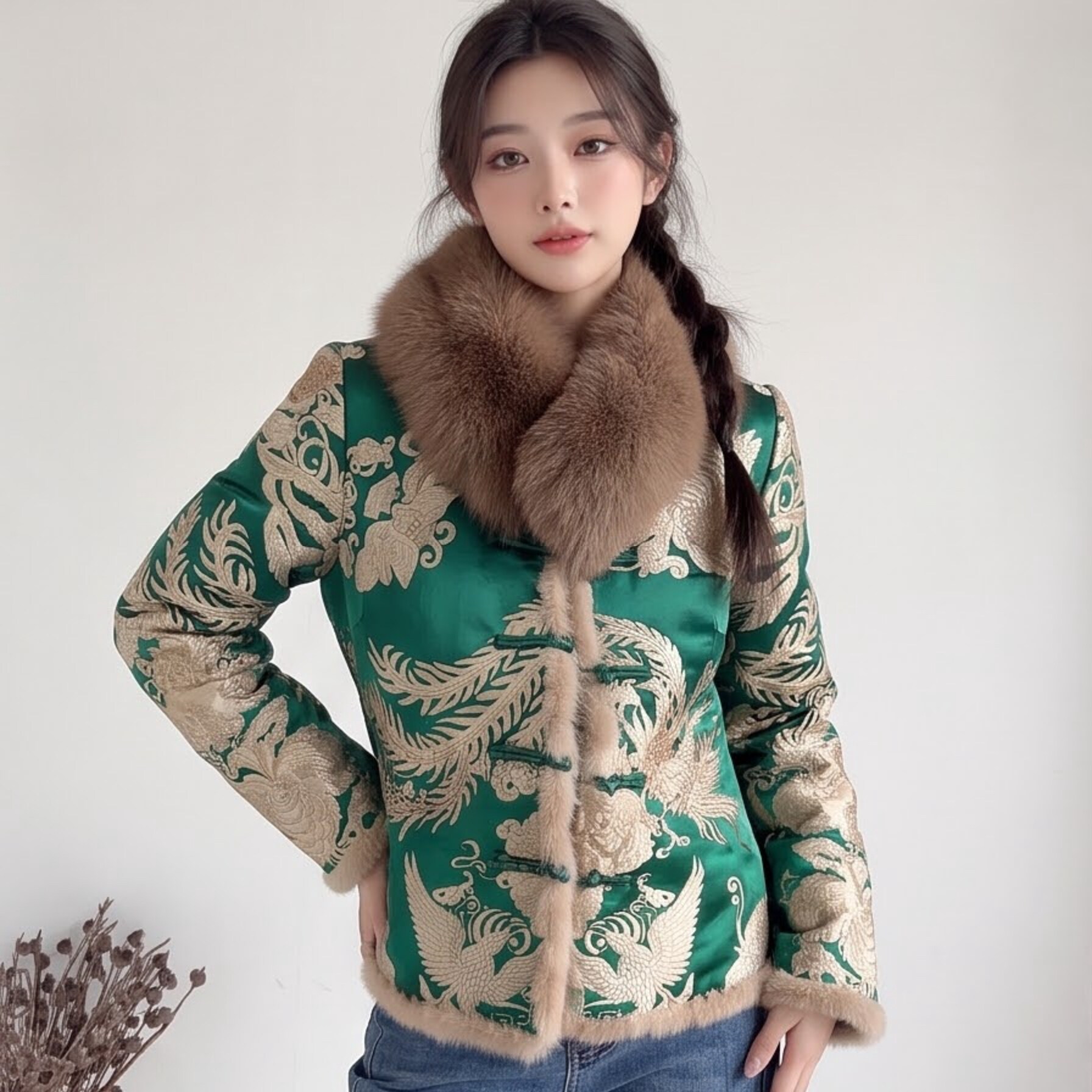 新中式绿色毛领刺绣盘扣女棉服图片