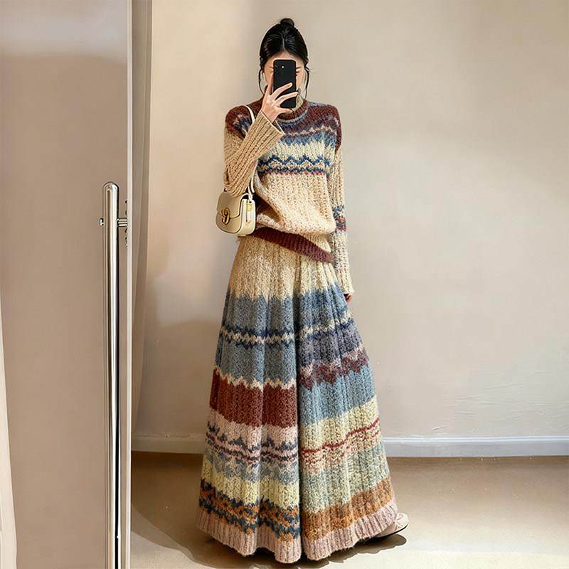 2025秋冬复古彩虹系毛衣半身裙套装女冬季两件套大码女装显瘦减龄,女装/女士精品,大码套装,淘宝优惠券,粉丝福利购,淘宝优惠卷
