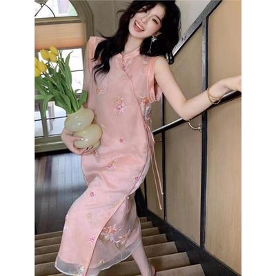 新中式粉色刺绣旗袍连衣裙夏季