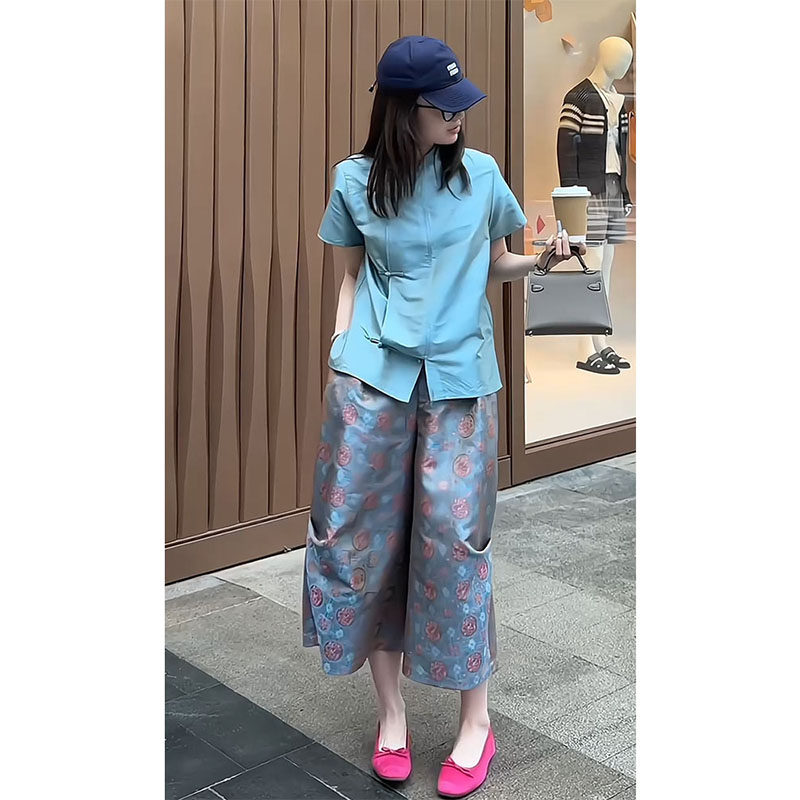 新中式女装2025夏装搭配一整套国风盘扣t恤上衣七分裤两件套装女