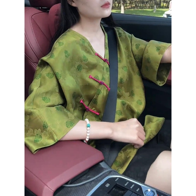 国风绿色葫芦v领盘扣半袖衬衫