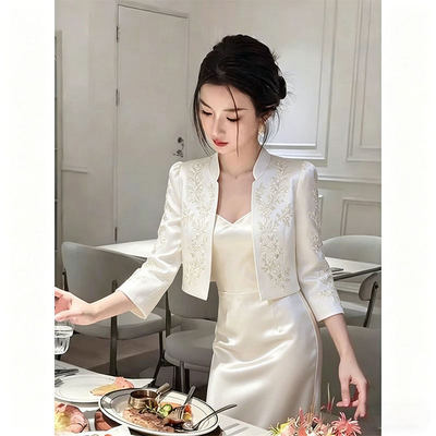 轻奢缎面刺绣西装两件套女通勤