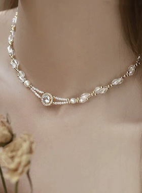 双层水晶天然淡水珍珠项链