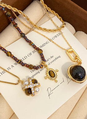 天然虎眼石吊坠项链轻奢复古叠戴