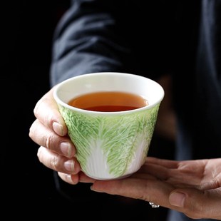 羊脂玉瓷白菜主人杯陶瓷百财个人专用杯高颜值功S夫茶具大容量茶