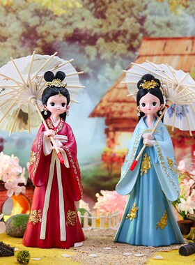 国潮古风汉服女孩摆件大号复古宫廷风撑L伞娃娃创意家居装饰摆件