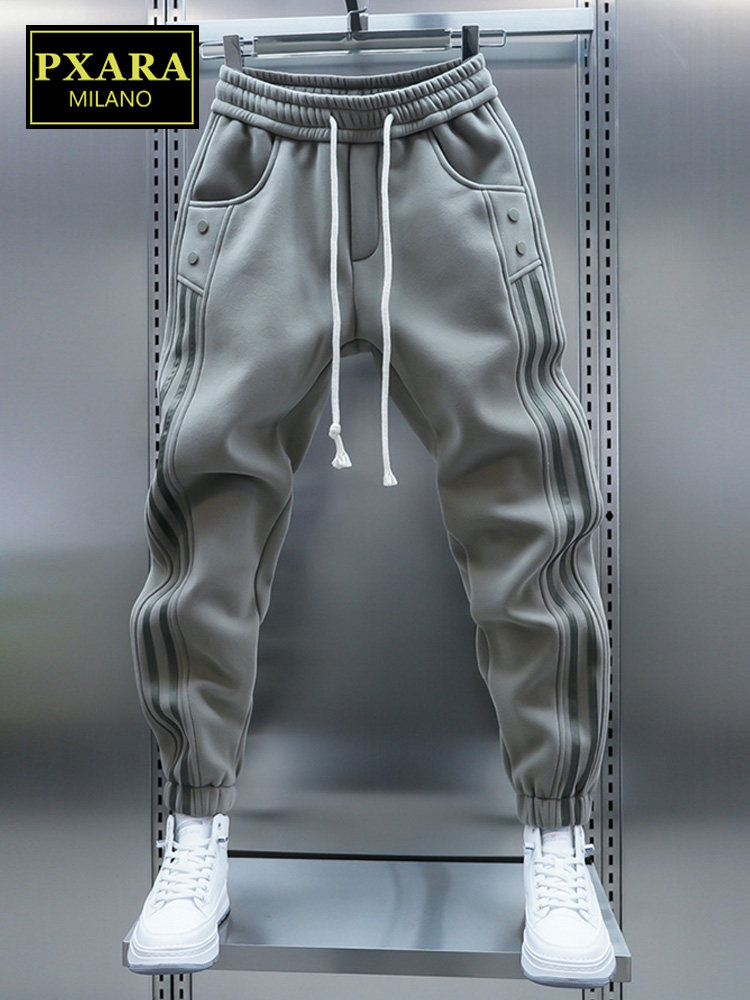 PXARA/高端休闲裤男士秋冬季2025新款加绒加厚松紧腰束脚运动卫裤,男装,休闲裤,淘宝优惠券,粉丝福利购,淘宝优惠卷