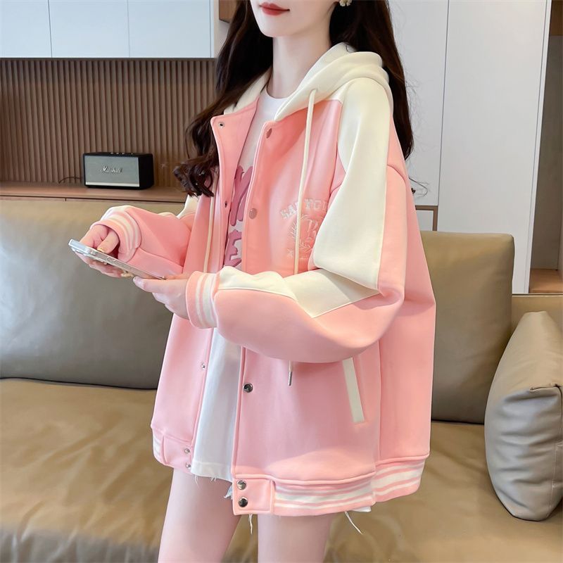 美式复古棒球服外套少女2025秋冬加绒加厚初高中学生oversize开衫