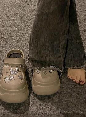 品牌甜酷朋克风金属蝴蝶超厚底洞洞鞋女2024新款夏季外穿包头拖鞋