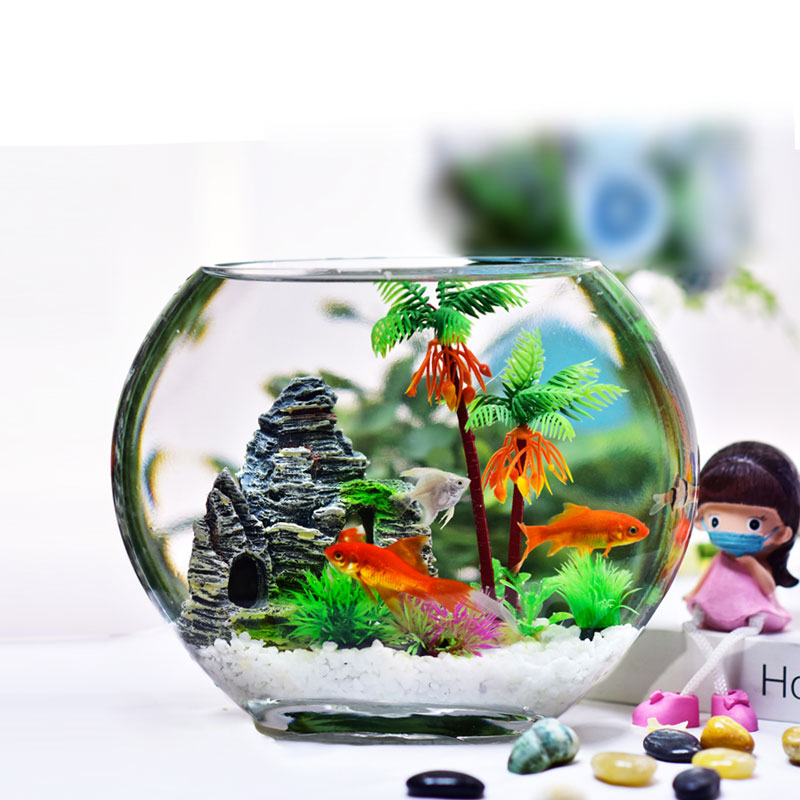 创意小鱼缸客厅办公桌小型家用桌面玻璃金鱼龟缸精致迷你造景装饰