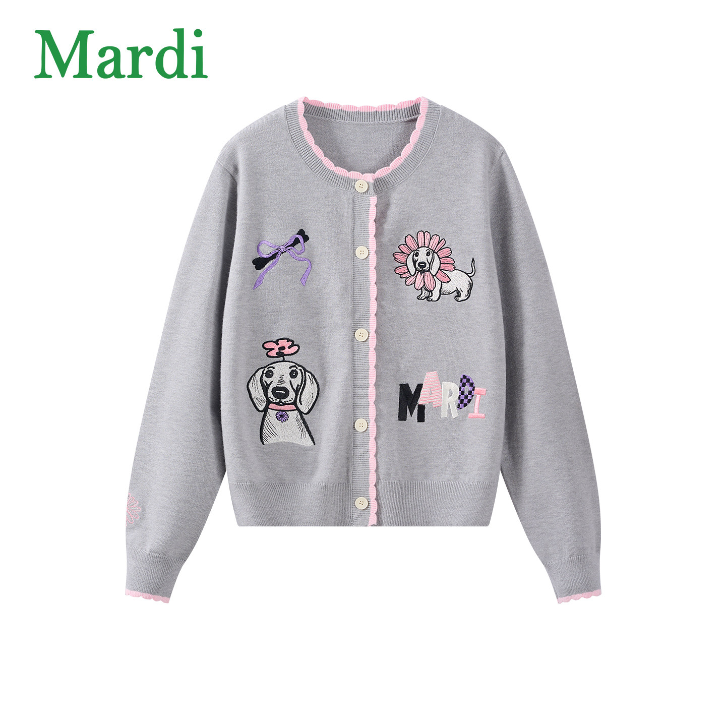 MARDI/玛尔帝卡通小狗针织开衫圆领花边毛衣百搭刺绣上衣春款外套