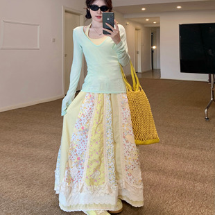 2025开春穿搭多巴胺纯欲辣妹上衣 T恤女款 绿色两件套背心罩衫 长袖