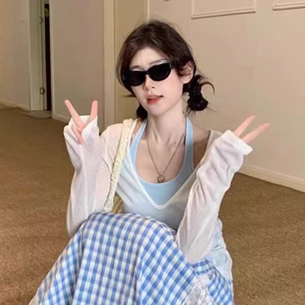韩版蓝色挂脖吊带防晒罩衫上衣女夏季大码胖MM小众百搭长袖纯色衫