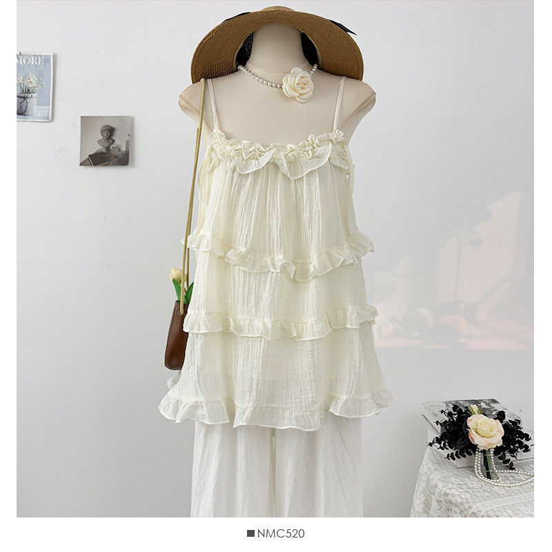 春夏季2026海边度假风宽松减龄上衣法式纯欲木耳边抹胸吊带背心女