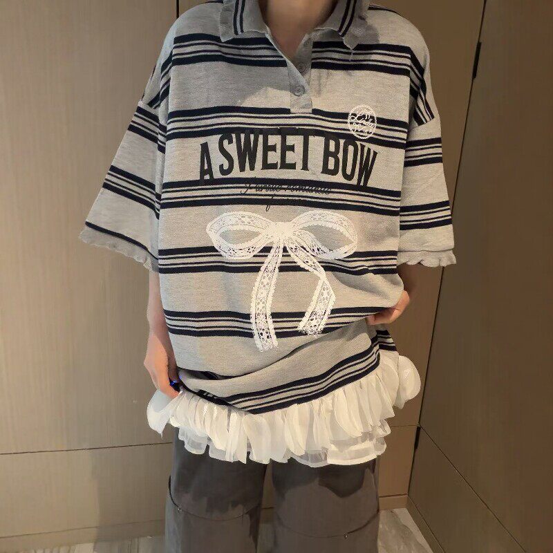 韩系风翻领蝴蝶结条纹T恤短袖女