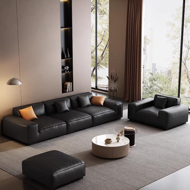 意式极简大黑牛真皮沙发现代简约轻奢客厅小户型直排夏图黑色沙发