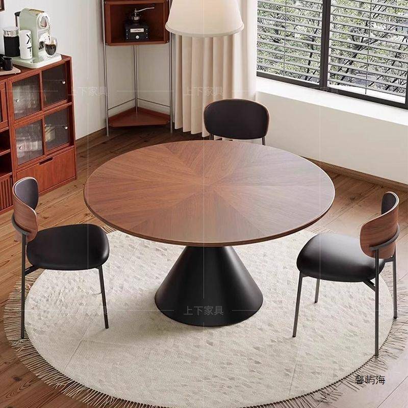 实木法式餐桌中古风家用小户型复古圆桌饭桌白蜡木圆形餐桌椅组合