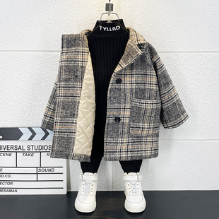 男童毛呢外套秋冬季2024新款儿童呢子大衣中长款格子夹棉春秋韩版