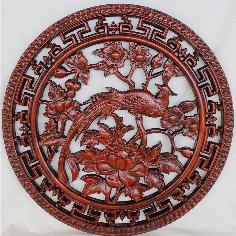 东阳木雕隔断镂空雕花实t木花格装饰画圆形福字麒麟挂件新中式仿