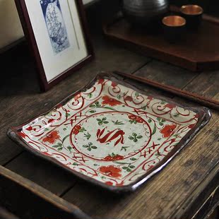 家用陶瓷餐具 日本原装 进口 美浓烧赤绘兔子大餐盘 复古寿司盘日式