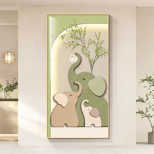 奶油风大象壁画平安吉象一家口入户正对大门玄关挂画绿植竖画
