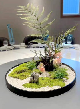 酒店餐桌中间装饰品景观大圆桌转盘造景仿真永生苔藓摆设