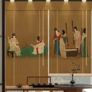 千里江山图竹帘卷帘窗帘遮光入户客厅屏风隔断遮挡帘遮阳竹门帘子