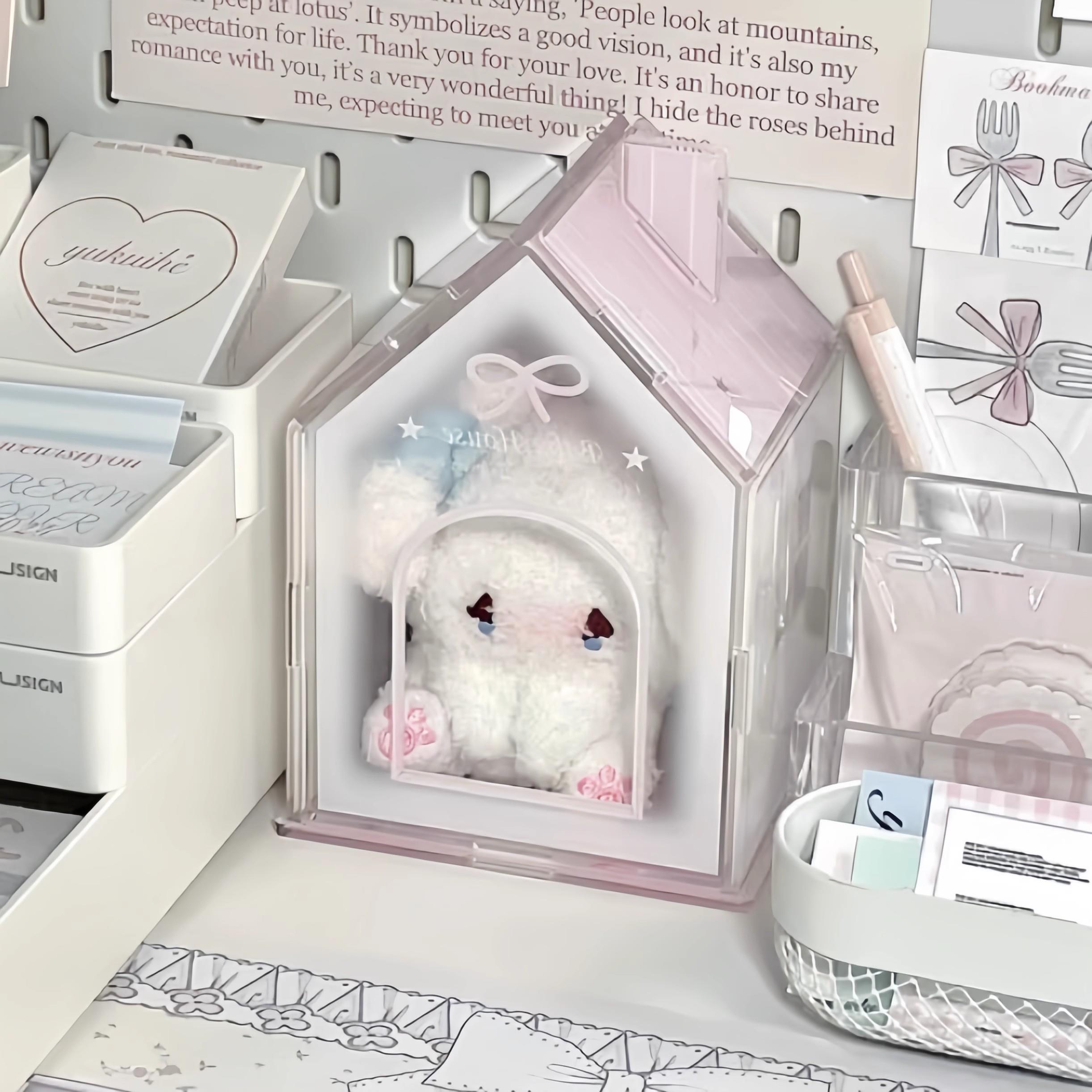 清透压克力粉色小房子娃娃屋学生宿舍多功能笔筒摆件谷子展示架子