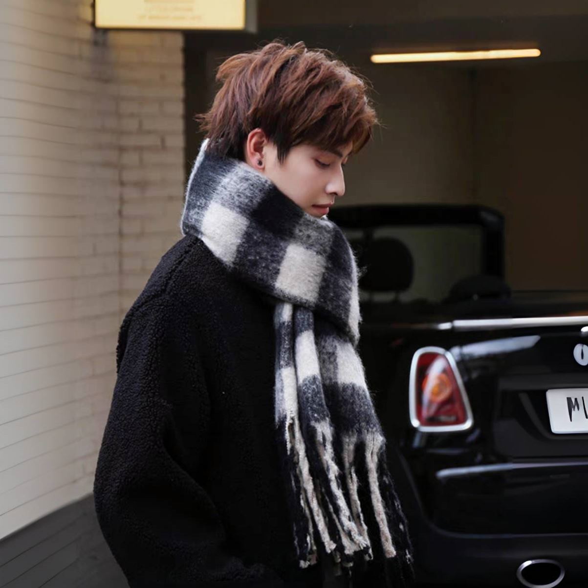 法式黑白格子围巾男2026高级感秋冬保暖围脖女潮送男生礼物ins风