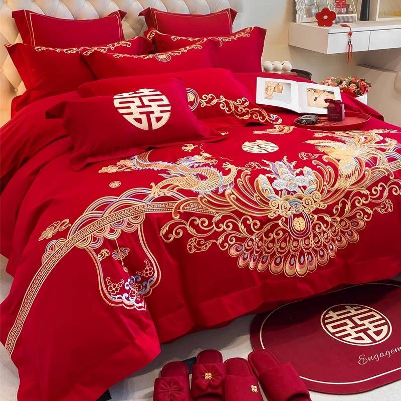 中式龙凤刺绣结婚四件套红色床单被套纯棉新婚庆床上用品婚房喜被