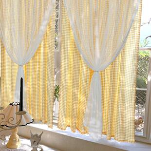 特价清仓蕾丝黄色格子成品窗帘魔术贴款小清新半遮光短门帘少女卧