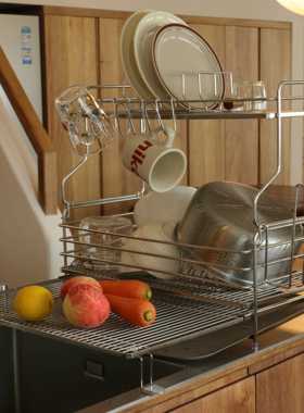 Nati Home双层不锈钢可伸缩碗碟沥水架水槽置物架厨房碗架沥水蓝