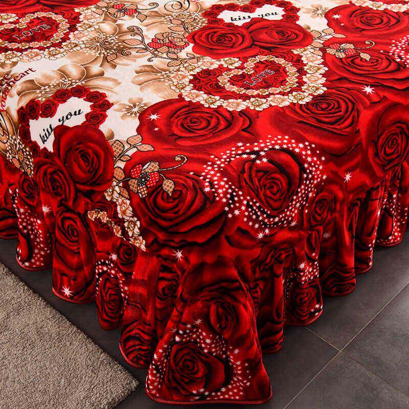 冬季红色牛奶绒床单单件加厚保暖法兰绒珊瑚绒床裙防滑花边床罩