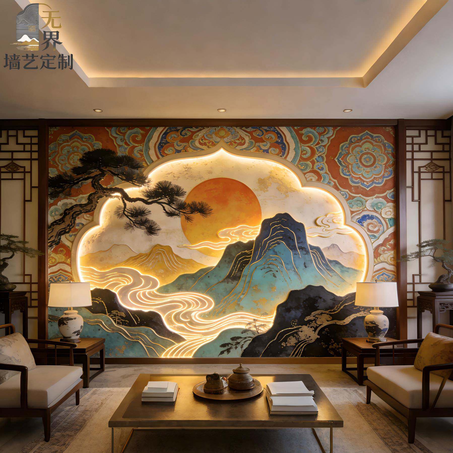 3D新中式浮雕大气山水画背景墙布玄关壁画办公室饭店招财装饰墙贴
