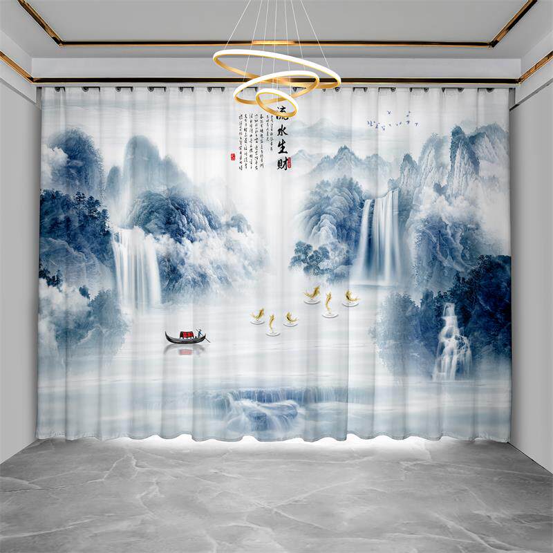 新中式水墨山水画窗帘布遮光2024新款国风书房茶室客厅隔断帘纱帘
