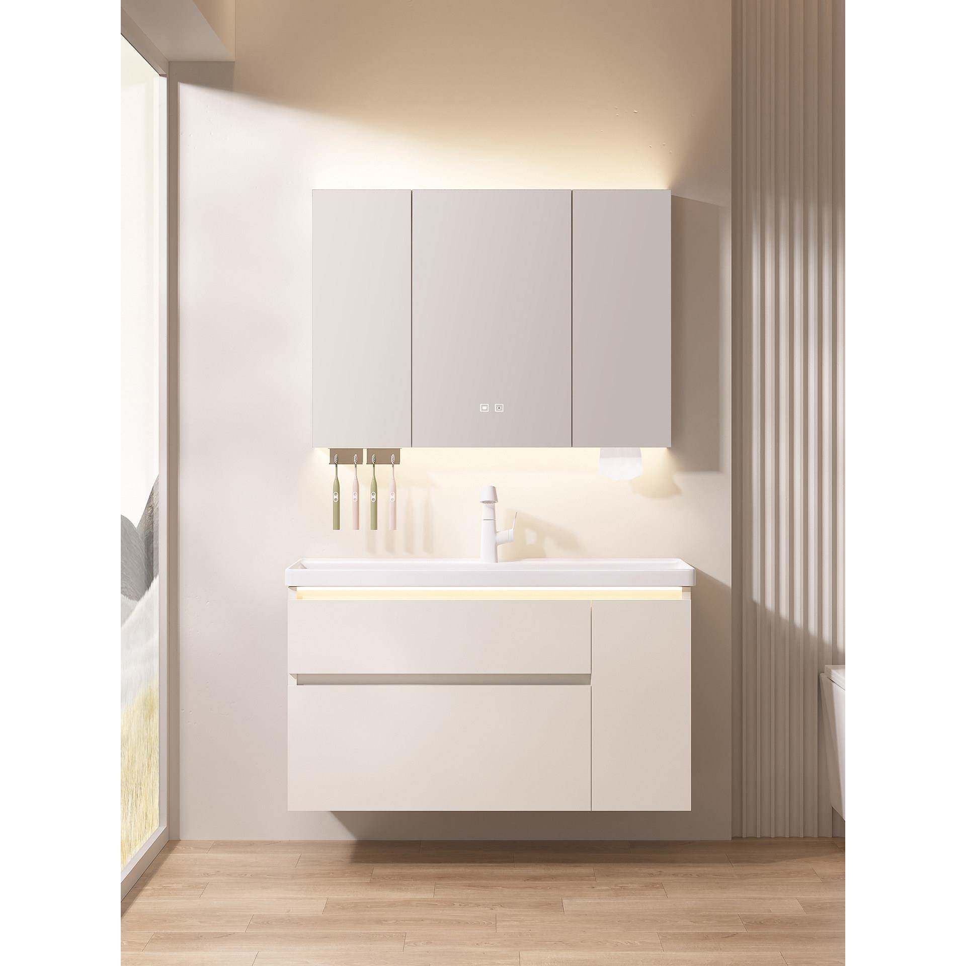 带收纳不锈钢拉篮太空蜂窝铝浴室柜组合陶瓷一体海洋盆洗手洗脸池