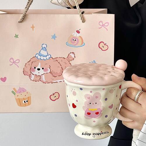 可爱萌宠马克杯带盖子勺水杯家用情侣牛奶咖啡杯陶瓷杯子礼物男女