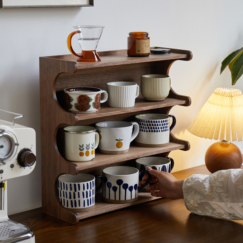 黑胡桃复古杯子收纳架置物架桌面水杯咖啡杯架茶杯马克杯实木杯架