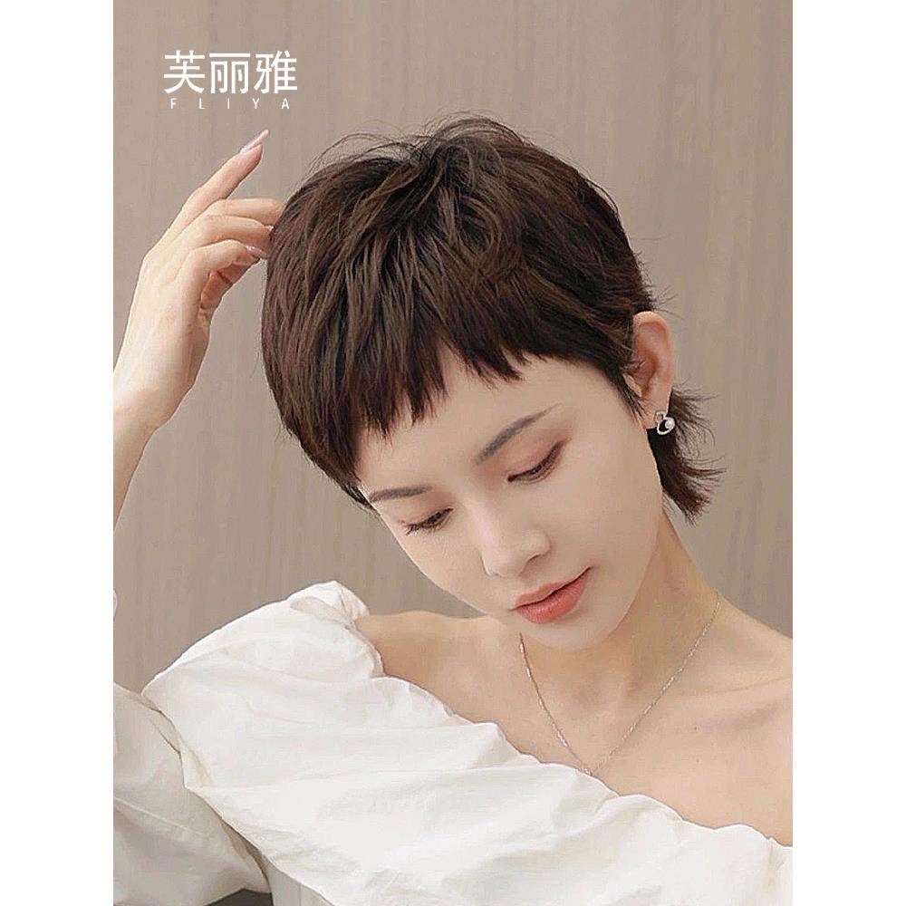 假发女性短发真正的头发全人的头发狗咀嚼新的全头罩夏季时尚超级