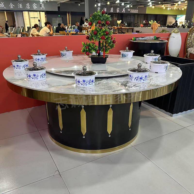 岩板餐桌火锅桌子带隐形电磁炉一体一人一锅电动大圆桌带转盘桌子