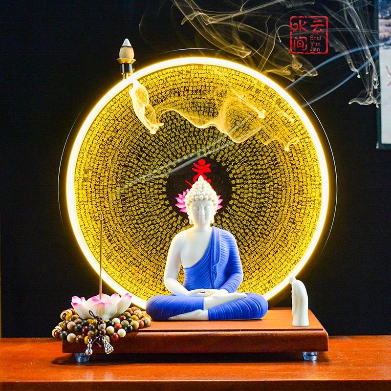 中式禅意灯摆件陶瓷释迦摩弥陀佛如来佛像家居客厅玄关楞严咒底座
