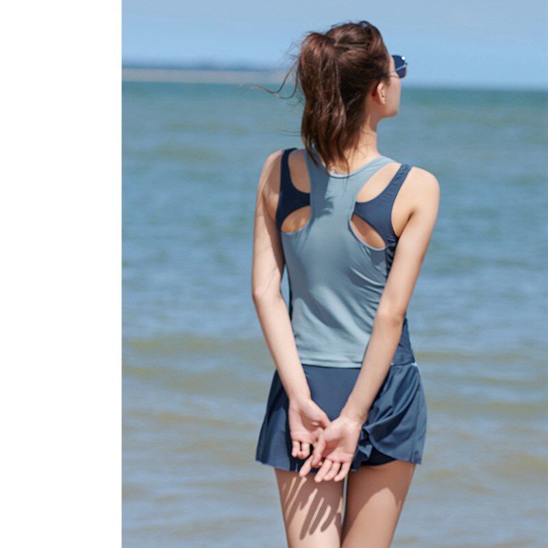 背心短裙泳衣女分体保守平角裤运动风学生大码O泡温泉带胸垫送泳