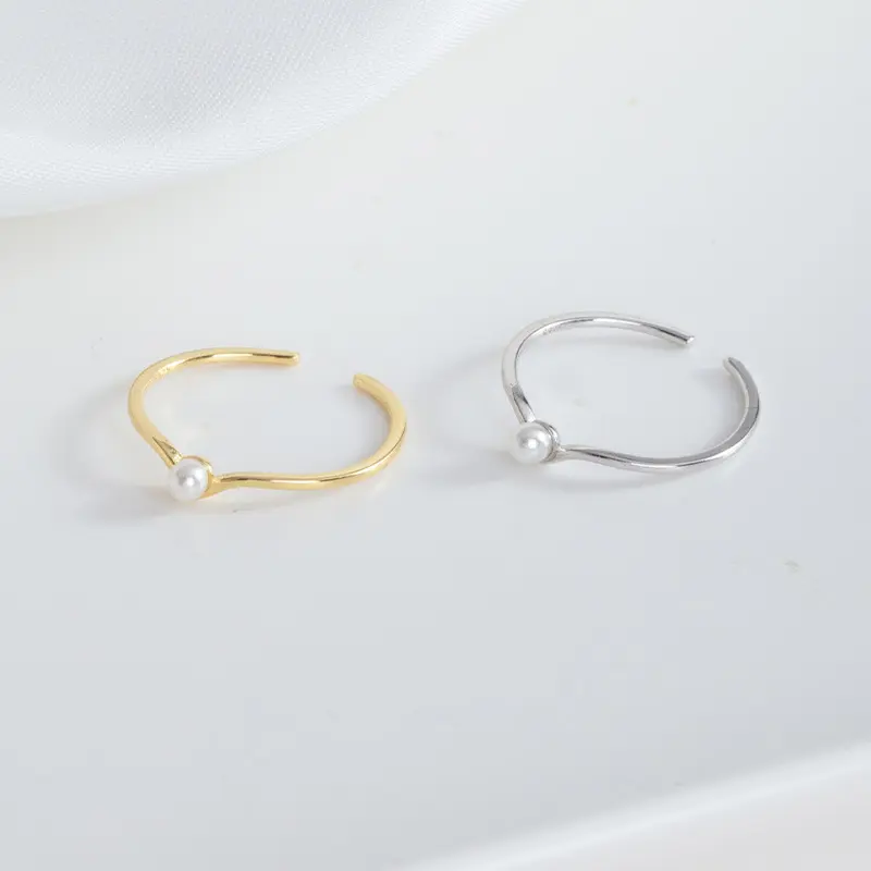 s925银小众开口v型珍珠戒指女冷淡风简约细款叠戴指环指戒