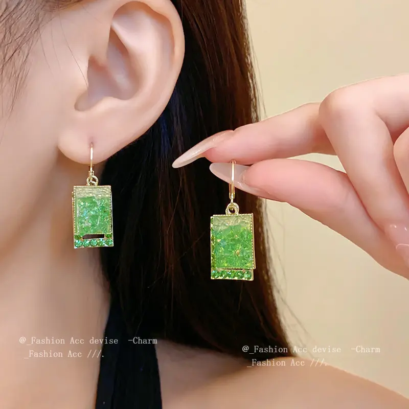 镶钻方形镂空树叶耳扣高级感时尚小清新耳环韩系轻奢风气质耳饰女