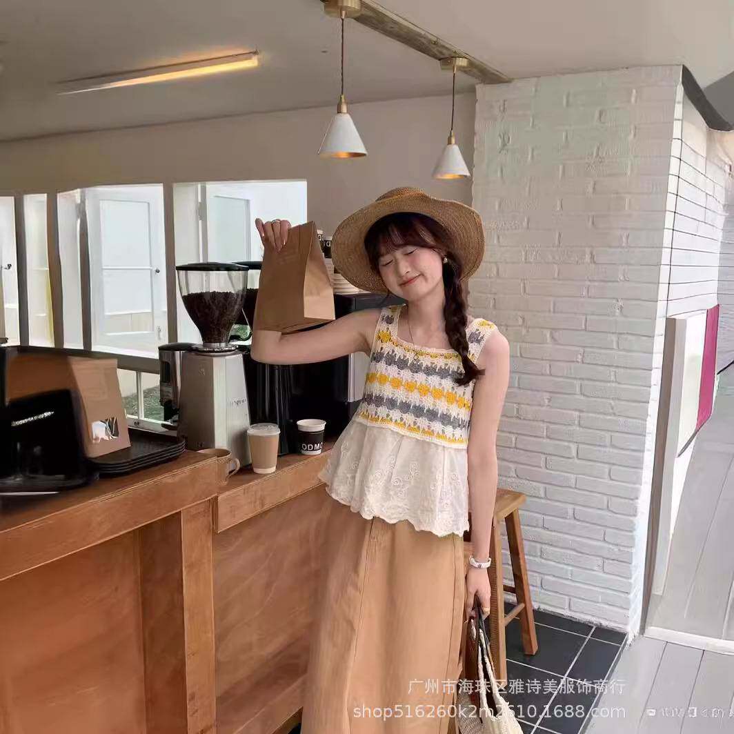 韩版小清新方领镂空吊带背心女夏季新款钩花小众宽松显瘦短款上衣